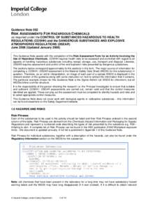 Guidance Note 052 RISK ASSESSMENTS FOR HAZARDOUS CHEMICALS as required under the CONTROL OF SUBSTANCES HAZARDOUS TO HEALTH REGULATIONS (COSHH) and the DANGEROUS SUBSTANCES AND EXPLOSIVE ATMOSPHERES REGULATIONS (DSEAR) Ju