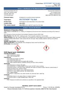 Product Name: VECTOTHOR™	
  WG	
  Fly	
  Bait Page: 1 of 6 This version issued: July, 2013 Section	
  1	
  -­‐	
  Identification	
  of	
  The	
  Material	
  and	
  Supplier	
   Ensystex	
  Australasia	
