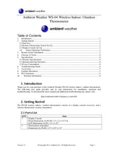 Ambient Weather WS-04 Wireless Indoor / Outdoor Thermometer Table of Contents 1. 2.