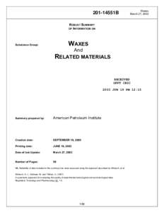Submission Letter for Test Plan and Robust Summaries for Waxes and Related Materials Category; Revised Summaries