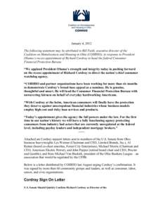 January 4, 2012 The following statement may be attributed to Bill Faith, executive director of the Coalition on Homelessness and Housing in Ohio (COHHIO), in response to President Obama’s recess appointment of Richard 