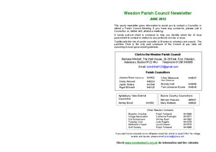 What the Parish Council plans for [removed]   Weedon Parish Council Newsletter  J  JJ U  U