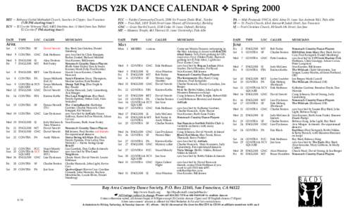 BACDS Y2K DANCE CALENDAR ❖ Spring 2000 BET Ñ Bethany United Methodist Church, Sanchez & Clipper, San Francisco (7:30 PM starting time!) ECV ÑÊEl Cerrito VeteransÕ Hall, 6401 Stockton Ave. (1 block from San Pablo) E