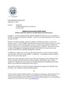 FOR IMMEDIATE RELEASE September 14, 2011 Contact: Todd Nein OAQDA Interim Executive Director