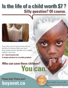 Is the life of a child worth $7 ? Silly question? Of course. That is the cost of a bed net that will save the life of an African child, save them from malaria disease that kills over a million