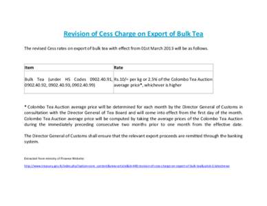 Revision of Cess Charge on Export of Bulk Tea The revised Cess rates on export of bulk tea with effect from 01st March 2013 will be as follows. Item  Rate