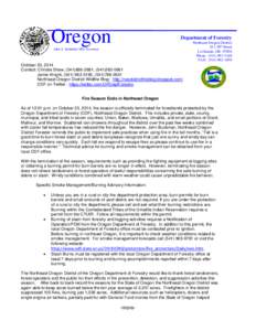 Oregon  Department of Forestry Northeast Oregon District 611 20th Street La Grande, OR 97850