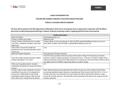 FORM C  SURVEY INSTRUMENT FOR TEACHER AND POSSIBLE PRINCIPAL EVALUATION SERVICE PROVIDER PUBLICLY-AVAILABLE SERVICE SUMMARY