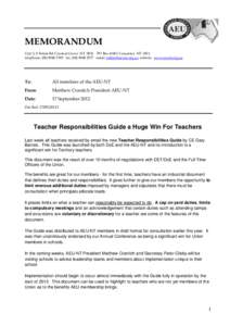 MEMORANDUM Unit 3, 8 Totem Rd Coconut Grove NT 0810 PO Box[removed]Casuarina NT 0811 telephone: ([removed]fax: ([removed]email: [removed] website: www.aeunt.org.au To: