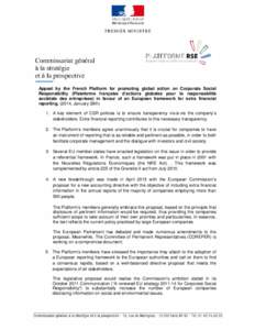 Appeal by the French Platform for promoting global action on Corporate Social Responsibility (Plateforme française d’actions globales pour la responsabilité sociétale des entreprises) in favour of an European framew