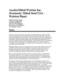 Region 3 GPRA Baseline RCRA Corrective Action Facility  ArcelorMittal Weirton Inc. (Formerly: Mittal Steel USA - Weirton Plant)  WVD000068908