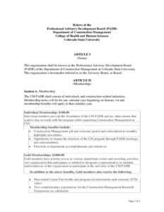 Bylaws of the Professional Advisory Development Board (PADB) Department of Construction Management College of Health and Human Sciences Colorado State University