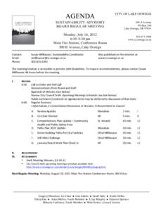 CITY OF LAKE OSWEGO  AGENDA SUSTAINABILITY ADVISORY BOARD REGULAR MEETING Monday, July 16, 2012