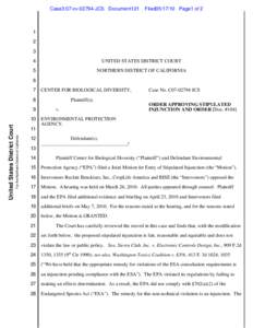 Court Order, Order Approving Stipulated Injunction and Order Regarding Pesticides and Eleven Species found in the Greater San Francisco Bay Area