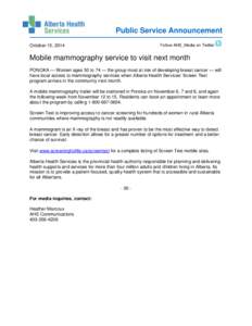Public Service Announcement Follow AHS_Media on Twitter October 15, 2014  Mobile mammography service to visit next month