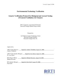 US EPA ETV Generic Verification Protocol for Biological and Aerosol Testing of General Ventilation Air Cleaners - Signed IAQ Protocol