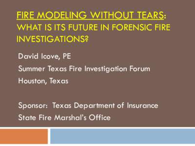 FIRE MODELING WITHOUT TEARS: WHAT IS ITS FUTURE IN FORENSIC FIRE INVESTIGATIONS? David Icove, PE Summer Texas Fire Investigation Forum Houston, Texas