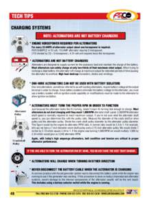 TECH TIPS CHARGING SYSTEMS NOTE: ALTERNATORS ARE NOT BATTERY CHARGERS * ENGINE HORSEPOWER REQUIRED FOR ALTERNATORS For every 23 AMPS of alternator output about one horsepower is required. FOR EXAMPLE: A 12 volt, 115 AMP 