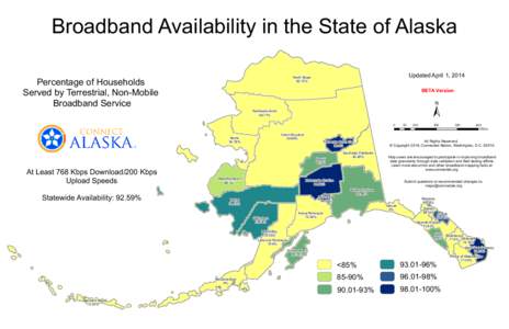 Broadband Availability in the State of Alaska Percentage of Households Served by Terrestrial, Non-Mobile Broadband Service  Updated April 1, 2014