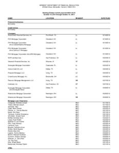 VERMONT DEPARTMENT OF FINANCIAL REGULATION 89 Main Street, Montpelier, Vermont[removed]Banking Division Activity Journal #[removed]October 16, 2014 through October 31, 2014 NAME