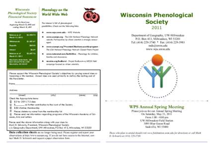 Wisconsin Phenological Society Financial Statement for the fiscal year beginning March 15, 2010 and ending March 31, 2011