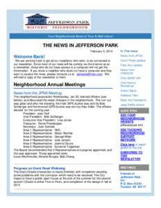 Your Neighborhood News in Your E-Mail inbox!  THE NEWS IN JEFFERSON PARK February 5, 2014  In This Issue