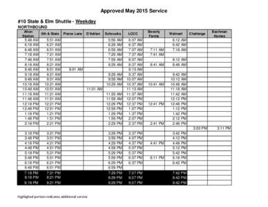 Approved May 2015 Service #10 State & Elm Shuttle - Weekday NORTHBOUND Alton Station