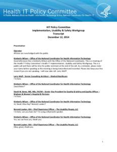 HIT Policy Committee Implementation, Usability & Safety Workgroup Transcript December 12, 2014