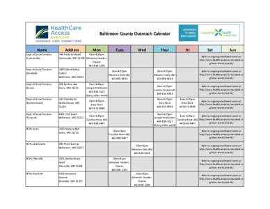 Baltimore County Outreach Calendar  Name Dept of Social Services (Catonsville)