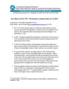 Fact Sheet on H.R. 1775: The Saracini Aviation Safety Act of 2013 Lead sponsor: Rep. Mike Fitzpatrick (R-PA) Staff contact: Jenna VanSant [removed] or[removed]