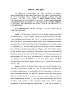 ORDINANCE 1017 AN ORDINANCE PROVIDING FOR THE ISSUANCE OF STREET IMPROVEMENT BOND ANTICIPATION NOTES, 2005 SERIES, IN THE AMOUNT OF TWO HUNDRED FORTY THOUSAND DOLLARS ($65,000) FOR THE PAYMENT OF THE OUTSTANDING STREET I