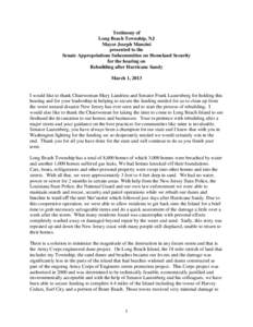 Testimony of Long Beach Township, NJ Mayor Joseph Mancini presented to the Senate Appropriations Subcommittee on Homeland Security for the hearing on