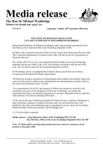 Media release The Hon Dr Michael Wooldridge Minister for Health and Aged Care Embargo: Sunday, 30th September 2001:6am  MW98/01