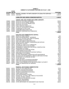 EXHIBIT G SUMMARY OF AUTHORIZED POSITIONS AS OF JULY 1, 2009 STARS R*STARS AND HR B75A01[removed]GENERAL ASSEMBLY OF MARYLAND/DEPT OF LEGISLATIVE SERVICES C00A00[removed]JUDICIARY