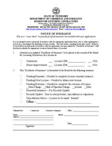 STATE OF TENNESSEE  DEPARTMENT OF COMMERCE AND INSURANCE  BOARD FOR LICENSING CONTRACTORS  Mailing Address:  500 JAMES ROBERTSON PARKWAY  NASHVILLE, TENNESSEE 37243­1150 