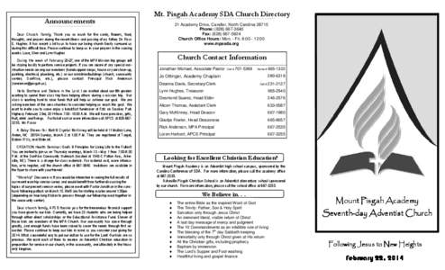 Mt. Pisgah Academy SDA Church Directory Announcements 21 Academy Drive, Candler, North Carolina[removed]Phone: ([removed]Fax: ([removed]