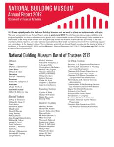 NATIONAL BUILDING MUSEUM  Annual Report 2012 Statement of Financial Activities[removed]was a great year for the National Building Museum and we want to share our achievements with you.