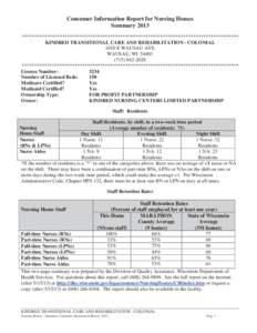 Consumer Information Report for Nursing Homes Summary 2013 ************************************************************************************** KINDRED TRANSITIONAL CARE AND REHABILITATION - COLONIAL 1010 E WAUSAU AVE 