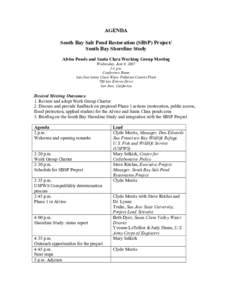 AGENDA South Bay Salt Pond Restoration (SBSP) Project/ South Bay Shoreline Study Alviso Ponds and Santa Clara Working Group Meeting Wednesday, June 6, [removed]p.m.