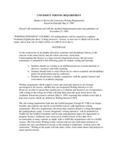 UNIVERSITY WRITING REQUIREMENT Motion to Revise the University Writing Requirement Passed in Principle May 8, 1995 Passed with amendment and with the attached implementation plan and guidelines on November 27, 1995 “WR