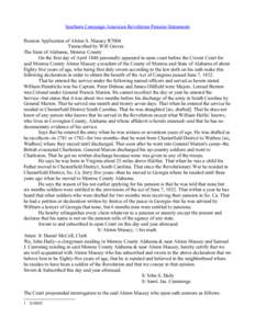 Southern Campaign American Revolution Pension Statements Pension Application of Alston S. Massey R7004 Transcribed by Will Graves The State of Alabama, Monroe County On the first day of April 1848 personally appeared in 