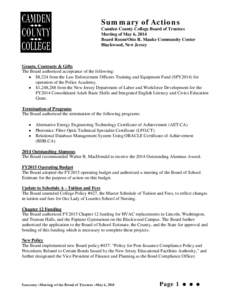 Summary of Actions Camden County College Board of Trustees Meeting of May 6, 2014 Board Room/Otto R. Mauke Community Center Blackwood, New Jersey