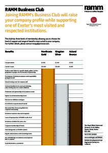 RAMM Business Club Joining RAMM’s Business Club will raise your company profile while supporting one of Exeter’s most visited and respected institutions. The club has three levels of membership allowing you to choose