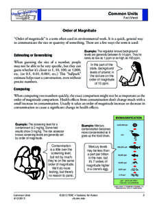Common Units Fact Sheet Order of Magnitude “Order of magnitude” is a term often used in environmental work. It is a quick, general way to communicate the size or quantity of something. There are a few ways the term i