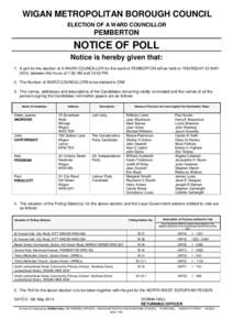 WIGAN METROPOLITAN BOROUGH COUNCIL ELECTION OF A WARD COUNCILLOR PEMBERTON  NOTICE OF POLL