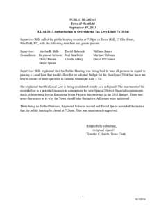 PUBLIC HEARING Town of Westfield September 4th, 2013 (LL #Authorization to Override the Tax Levy Limit FYSupervisor Bills called the public hearing to order at 7:20pm in Eason Hall, 23 Elm Street, Westfield