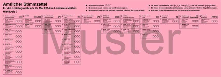 Amtlicher Stimmzettel für die Kreistagswahl am 25. Mai 2014 im Landkreis Meißen Wahlkreis 7 1  Christlich Demokratische