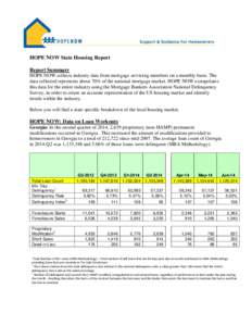 HOPE NOW State Housing Report Report Summary HOPE NOW collects industry data from mortgage servicing members on a monthly basis. The data collected represents about 70% of the national mortgage market. HOPE NOW extrapola