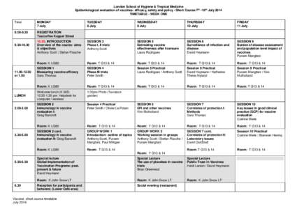 London School of Hygiene & Tropical Medicine Epidemiological evaluation of vaccines: efficacy, safety and policy - Short Course 7th -18th July 2014 TIMETABLE - WEEK ONE Time  MONDAY