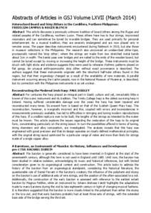 Abstracts of Articles in GSJ Volume LXVII (March[removed]Heterochord Board and Strip Zithers in the Cordillera, Northern Philippines: FREDELIZA CAMPOS & ROGER BLENCH Abstract: This article discusses a previously unknown tr